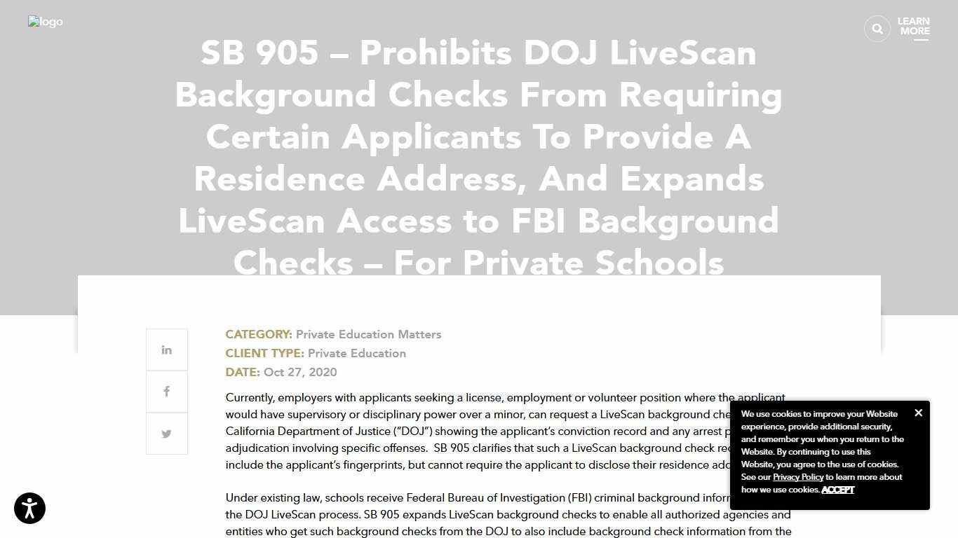 SB 905 - Prohibits DOJ LiveScan Background Checks From Requiring Certain Applicants To Provide A Residence Address, And Expands LiveScan Access to FBI Background Checks - For Private Schools - Liebert Cassidy Whitmore