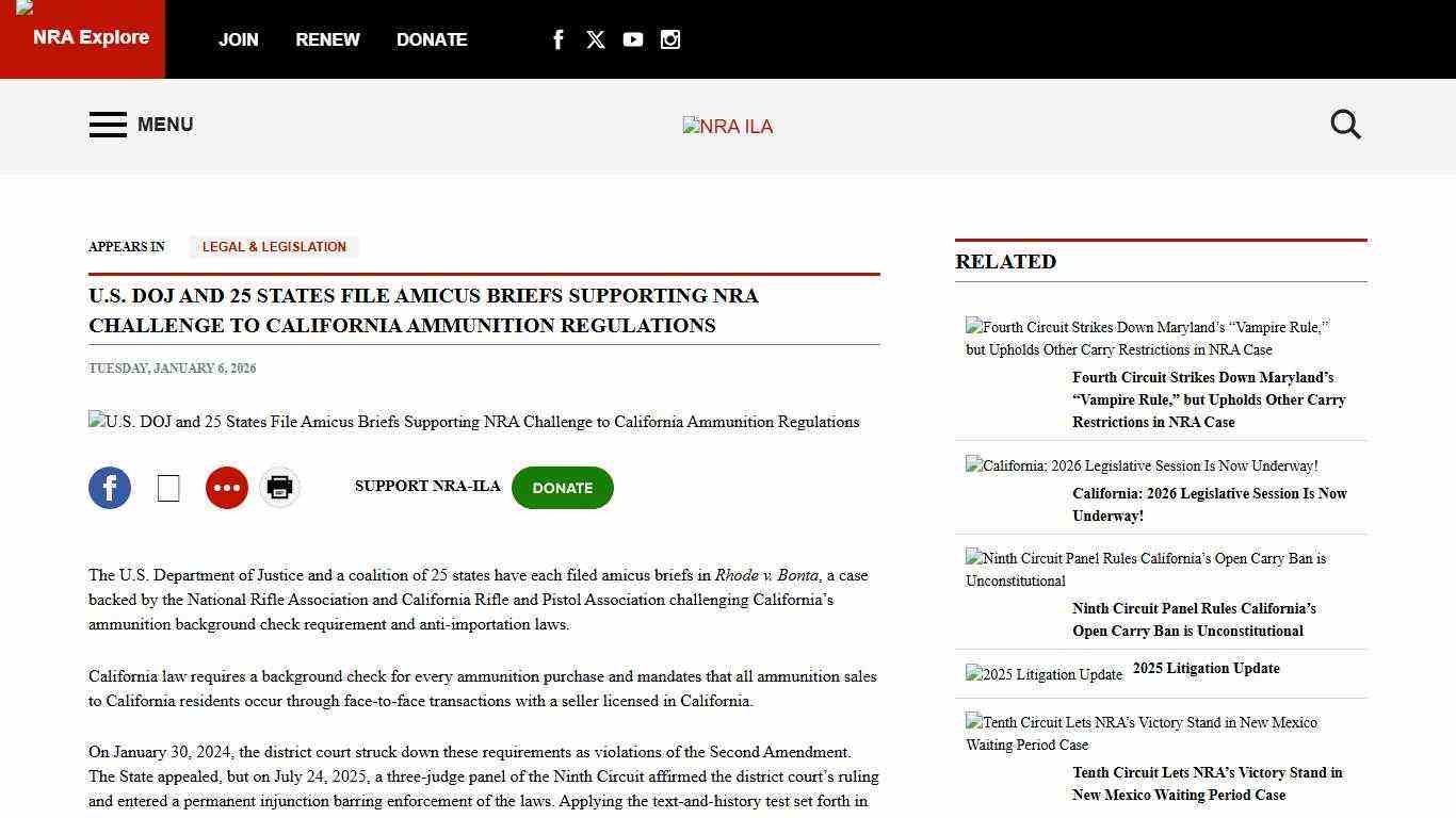 NRA-ILA | U.S. DOJ and 25 States File Amicus Briefs Supporting NRA Challenge to California Ammunition Regulations